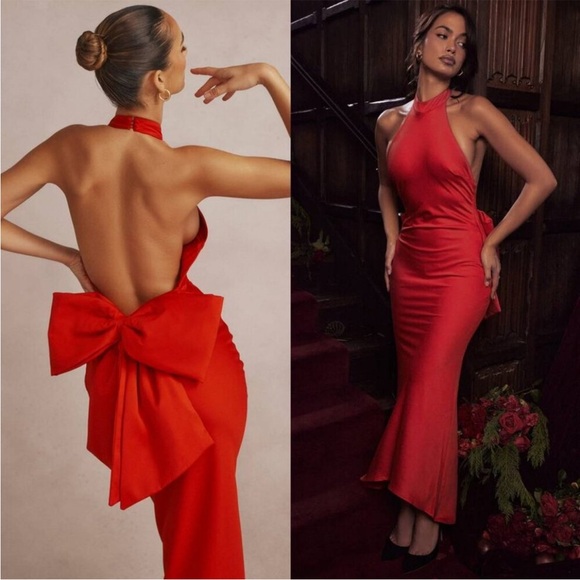 HOUSE OF CB NEW Ilaria Backless Bow Halter Dress in Red Size Small - Picture 4 of 12